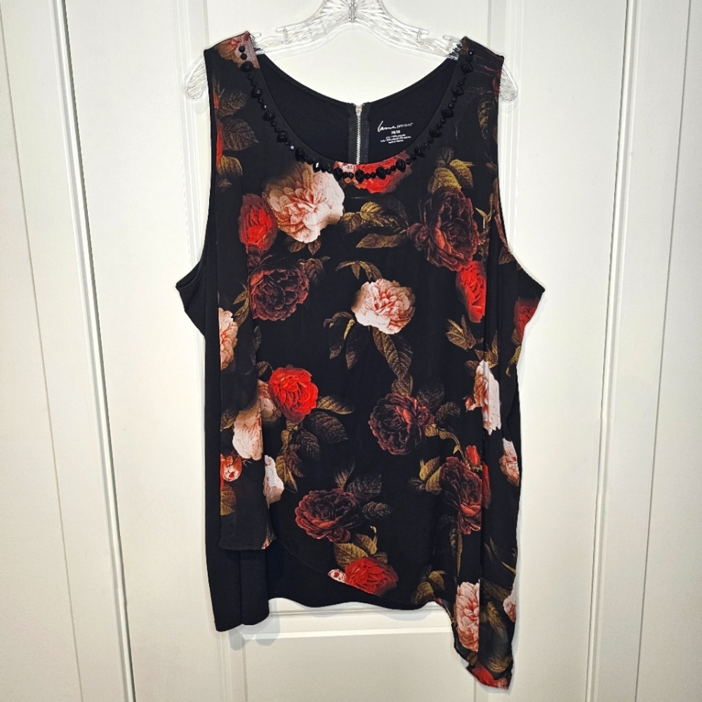 Lane Bryant Asymmetrical Red Black Sleeveless Overlay Back Zip Tank Top 26/28